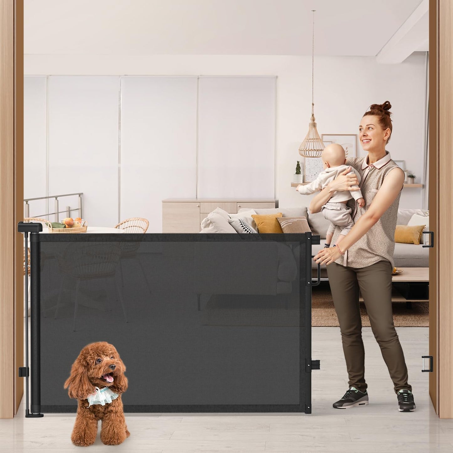 Retractable Baby Gate for Stairs & Doorways, Mesh Dog Gate Indoor Outdoor, Extends to 55" Wide 34" Tall Child Gate for Hallways, Deck, Porch, Pet Toddler Safety Essentials, Easy Install, Grey