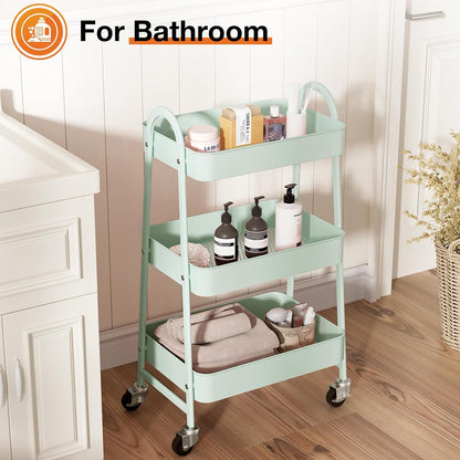 NEWBULIG 3-Tier Rolling Storage Cart, Metal Mobile Utility Organizer Shelf with Lockable Wheels, Space-Saving Freestanding Storage for Bathroom Living Room and Narrow Corner Spaces, Green