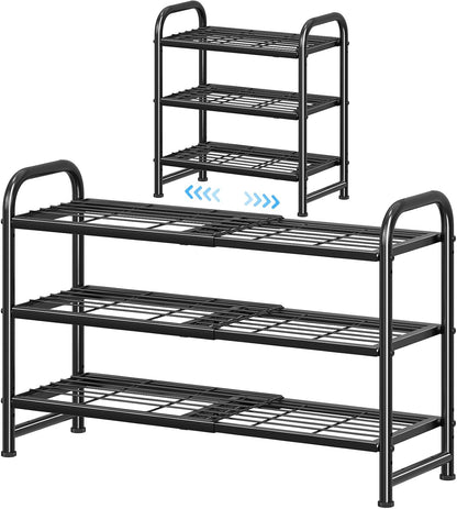 Simple Trending 3-Tier Stackable Shoe Rack, Expandable & Adjustable Shoe Shelf Storage Organizer, Wire Grid, Black