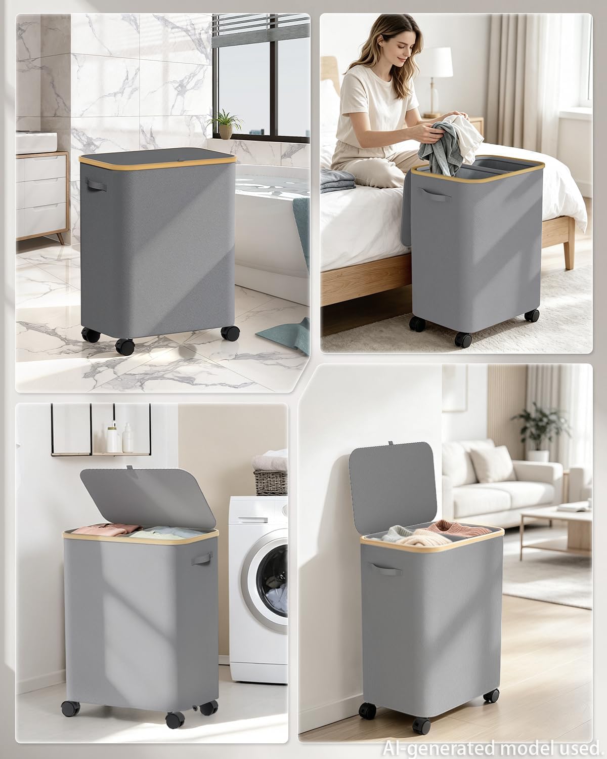 Double Laundry Hamper with Lid and Wheels, 150L Large Laundry Basket with 2 Sections & Removable Liner Bags, Rolling Dirty Clothes Basket with Handles for Bedroom, Bathroom, Dorm, College