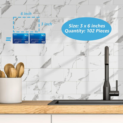 Art3d 102-Piece Peel and Stick Wall Tile for Kitchen Backsplash, Bathroom, Fireplace, 3in. × 6in. Stick on Subway Tile, Glossy White
