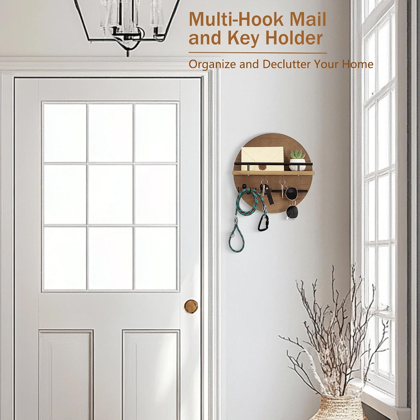 dreampossible Key Holder for Wall Decorative with Shelf and Hooks, Mail Organizer Wall Mount, Circular Design Entryway Key Rack Hanger, Rustic Home Decor (Black)