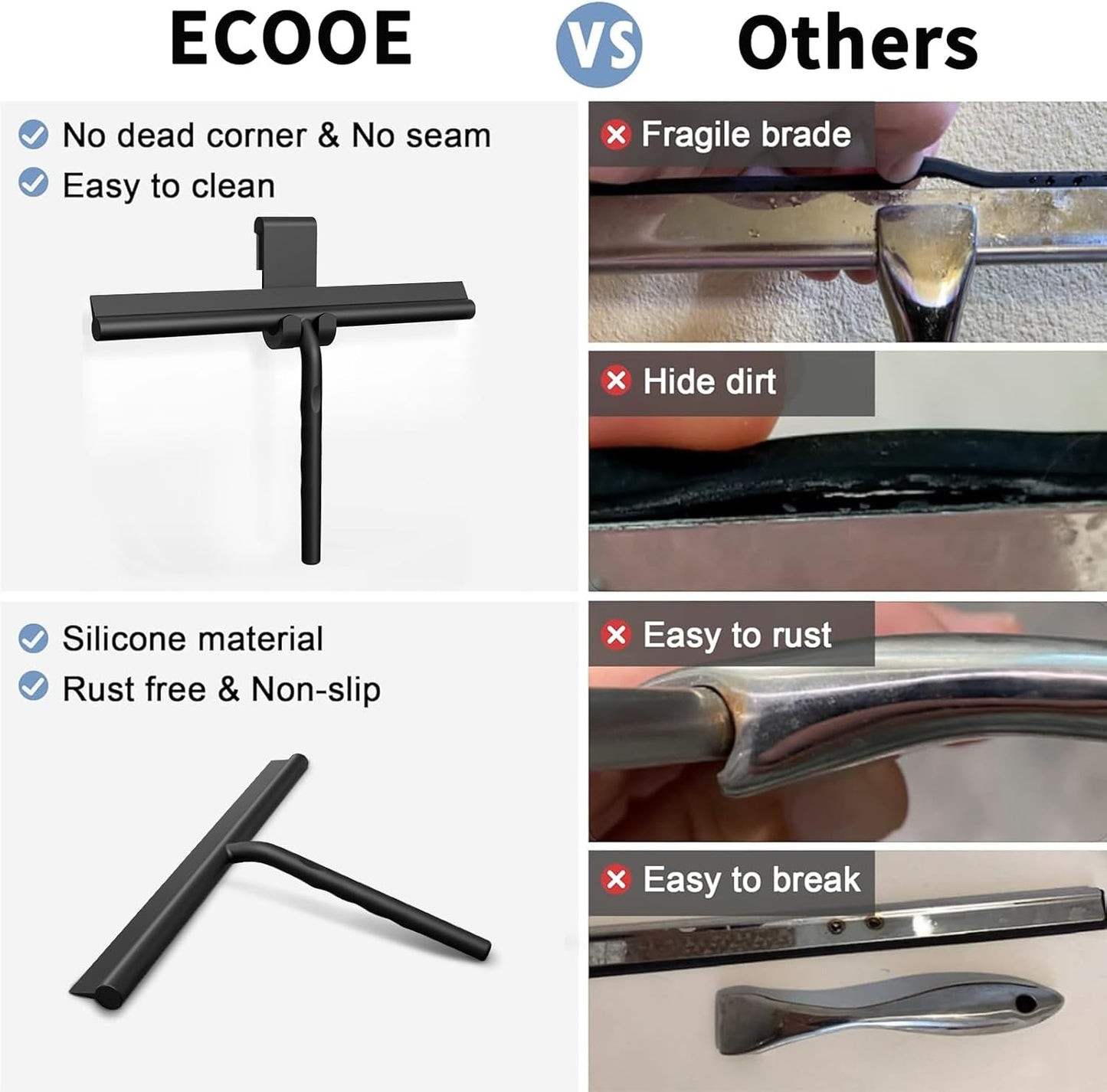 ecooe Silicone Shower Squeegee with Hanger, 13″/33cm Shower Glass Cleaner Wiper, Black Window Squeegee Scraper with Stainless Steel Core for Home Bathroom Kitchen Car Glass Doors
