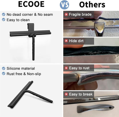 ecooe Silicone Shower Squeegee with Hanger, 13″/33cm Shower Glass Cleaner Wiper, Black Window Squeegee Scraper with Stainless Steel Core for Home Bathroom Kitchen Car Glass Doors