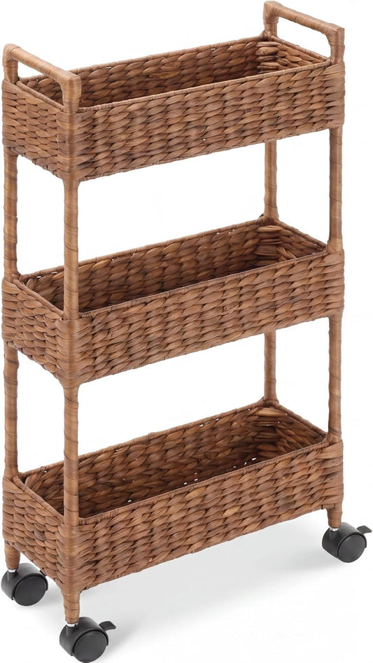 Best Choice Products 3-Tier Slim Water Hyacinth Rolling Nursery Caddy w/Wheels, Handwoven Utility Cart, Narrow Storage Organization for Bathroom, Craft Room, Laundry Room - Natural