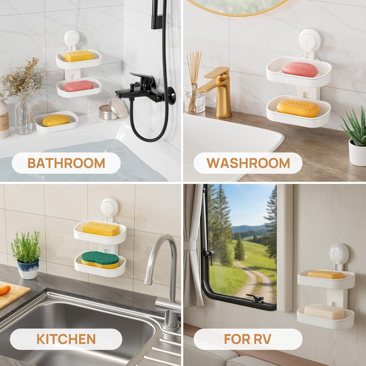 LEVERLOC Soap Dish Holder for Shower Suction Cup Wall Mounted Self Draining NO-Drilling Removable Bar Soap Sponge Holder for Bathroom Bathtub Kitchen Sink Waterproof Strong Vacuum Suction Adhesion