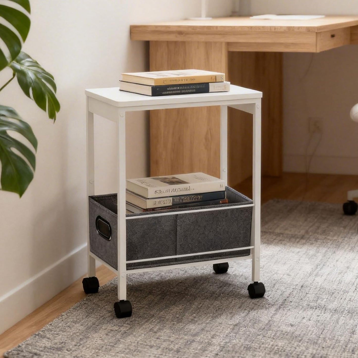Slim Rolling Cart with Storage Basket,Narrow Metal Utility Cart with Wheels, Mobile Side Table for Small Spaces, Laundry Room, Dorm, White 10" D x 16" W x 22" H,