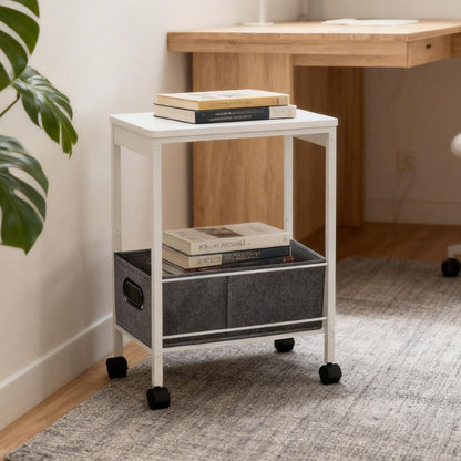 Slim Rolling Cart with Storage Basket,Narrow Metal Utility Cart with Wheels, Mobile Side Table for Small Spaces, Laundry Room, Dorm, White 10" D x 16" W x 22" H,