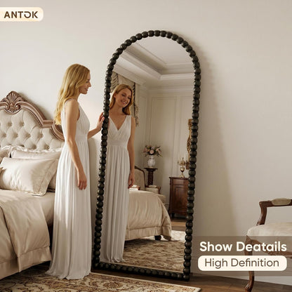 Antok 58" x 21" Arched Full Length Mirror, Antique Beaded Frame Floor Standing or Wall Mounted Mirror with Stand for Bedroom, Entryway, Brown, Luxury Style