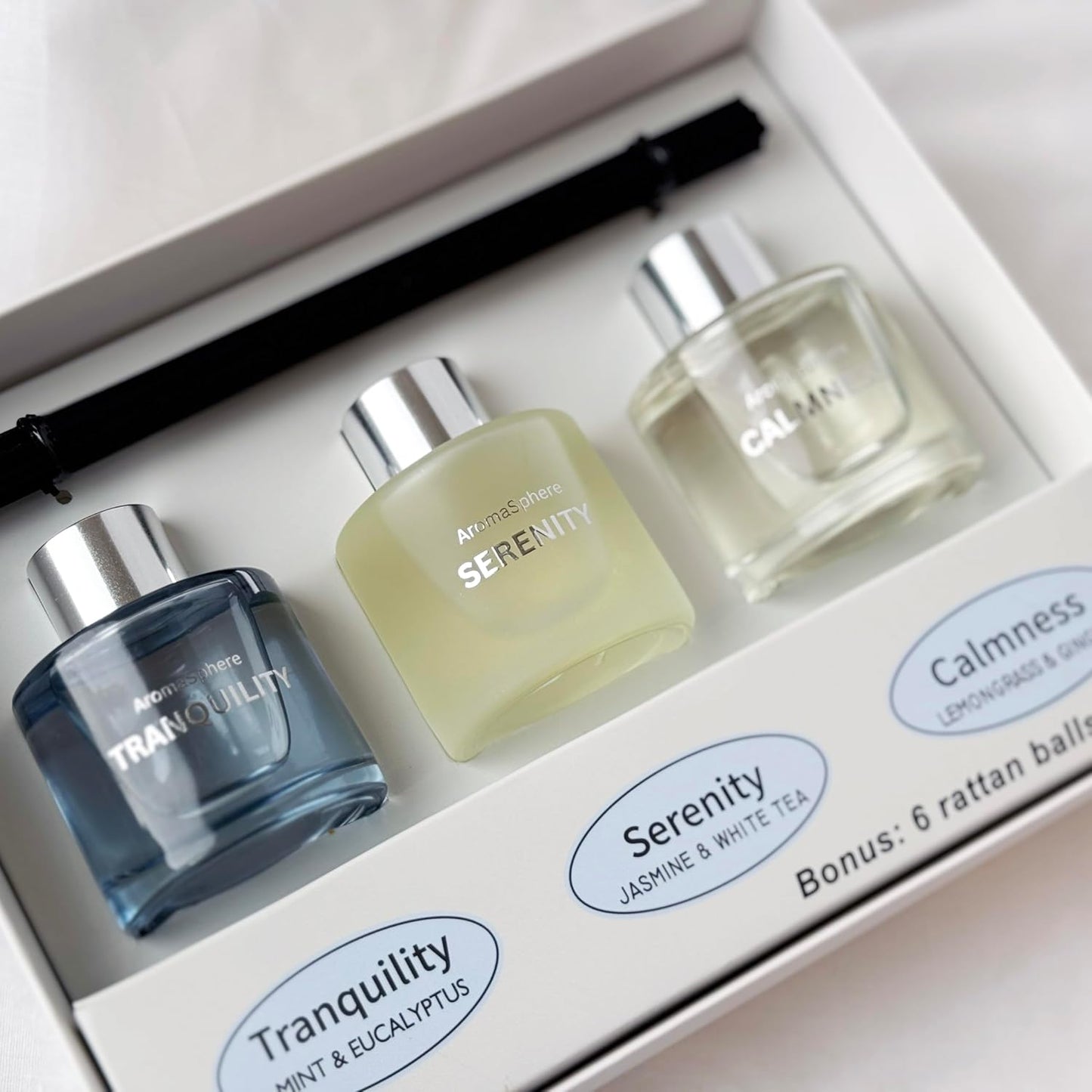 Reed Diffuser Set of 3 | Aromatherapy Fragrance Oil | 12 Sticks and 6 Rattan Balls, 3 x 50ML | Home, Office, Bathroom, Bedroom Essentials (Eucalyptus, Jasmine, Lemongrass, Sky Blue)