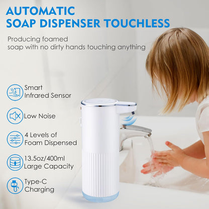 XINKORA 2 Pack Automatic Soap Dispenser Touchless, Rechargeable Foaming Hand Soap Dispenser, 4-Level Adjustable Foam for Bathroom Countertop, Electric (White)
