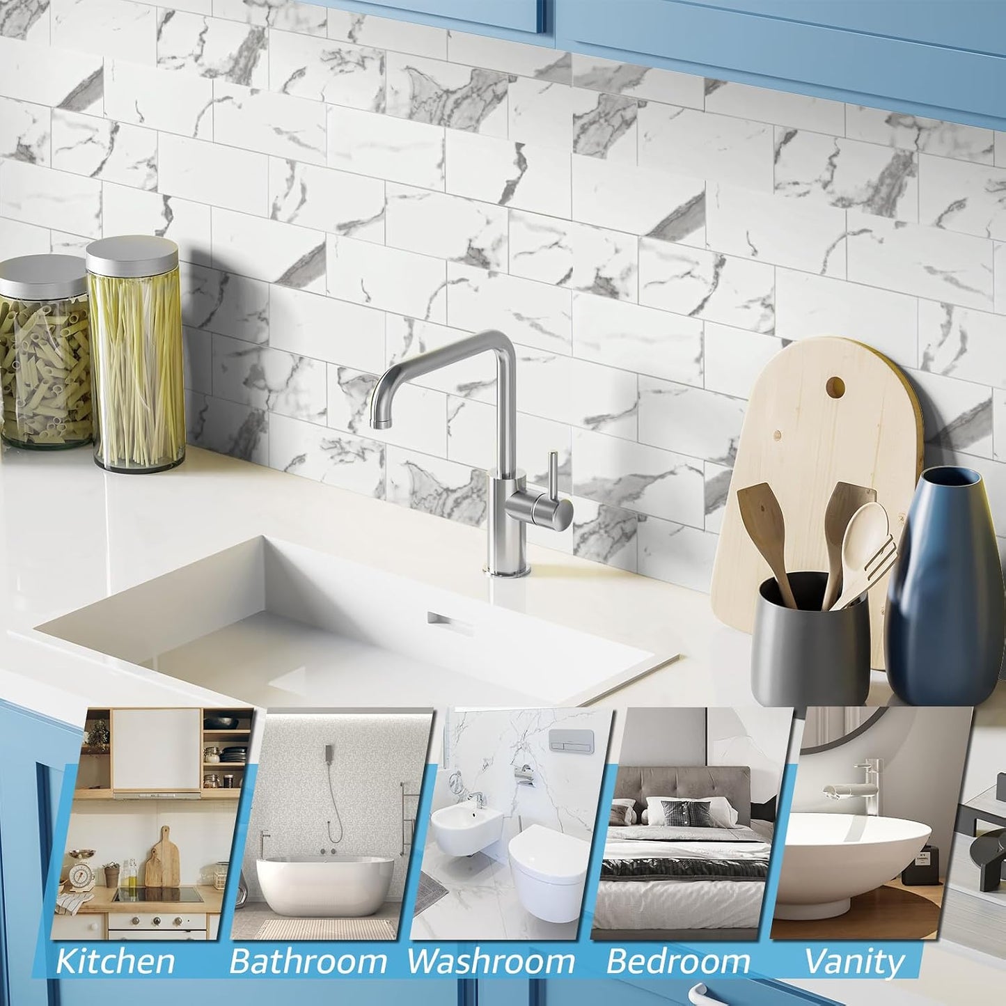 Art3d 102-Piece Peel and Stick Wall Tile for Kitchen Backsplash, Bathroom, Fireplace, 3in. × 6in. Stick on Subway Tile, Glossy White