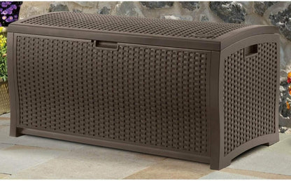 Suncast DBW9200 99 Gallon Outdoor Wicker resin Patio Storage Chest Bin with Handles for Patio, Garden, Garage, or Pool for All Weather, Mocha