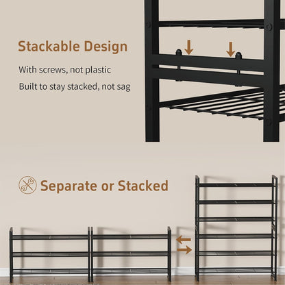 Stackable Shoe Rack, 6 Tier Metal Shoes Rack Storage Organizer,Large Capacity Shoe Shelf Max Holds 30 Pairs of Shoes,Sturdy and Stable, for Closet, Entryway,Garage，Black