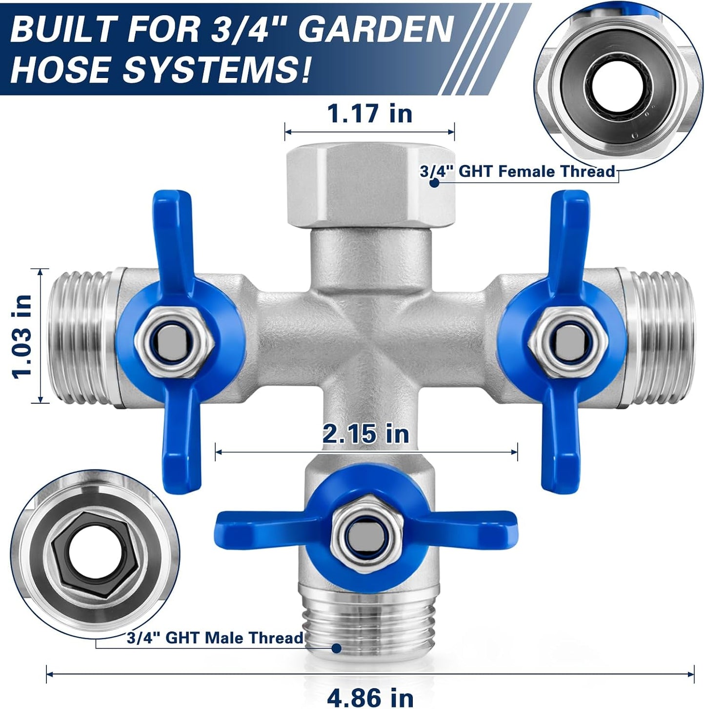 304 Stainless Steel Garden Hose Splitter 2 Way, Heavy Duty 3/4" GHT Y Hose Splitter with Shut-Off Valves, Full Flow Outdoor Faucet Connector with Wrench