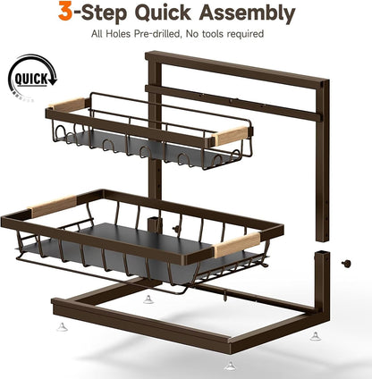 Sevenblue 2-Pack 2-Tier Height Adjustable Under Sink Organizer & Storage | Multi-purpose storage for kitchen & bathroom cabinet. Large black shelf, height adjustable design for space-saving.