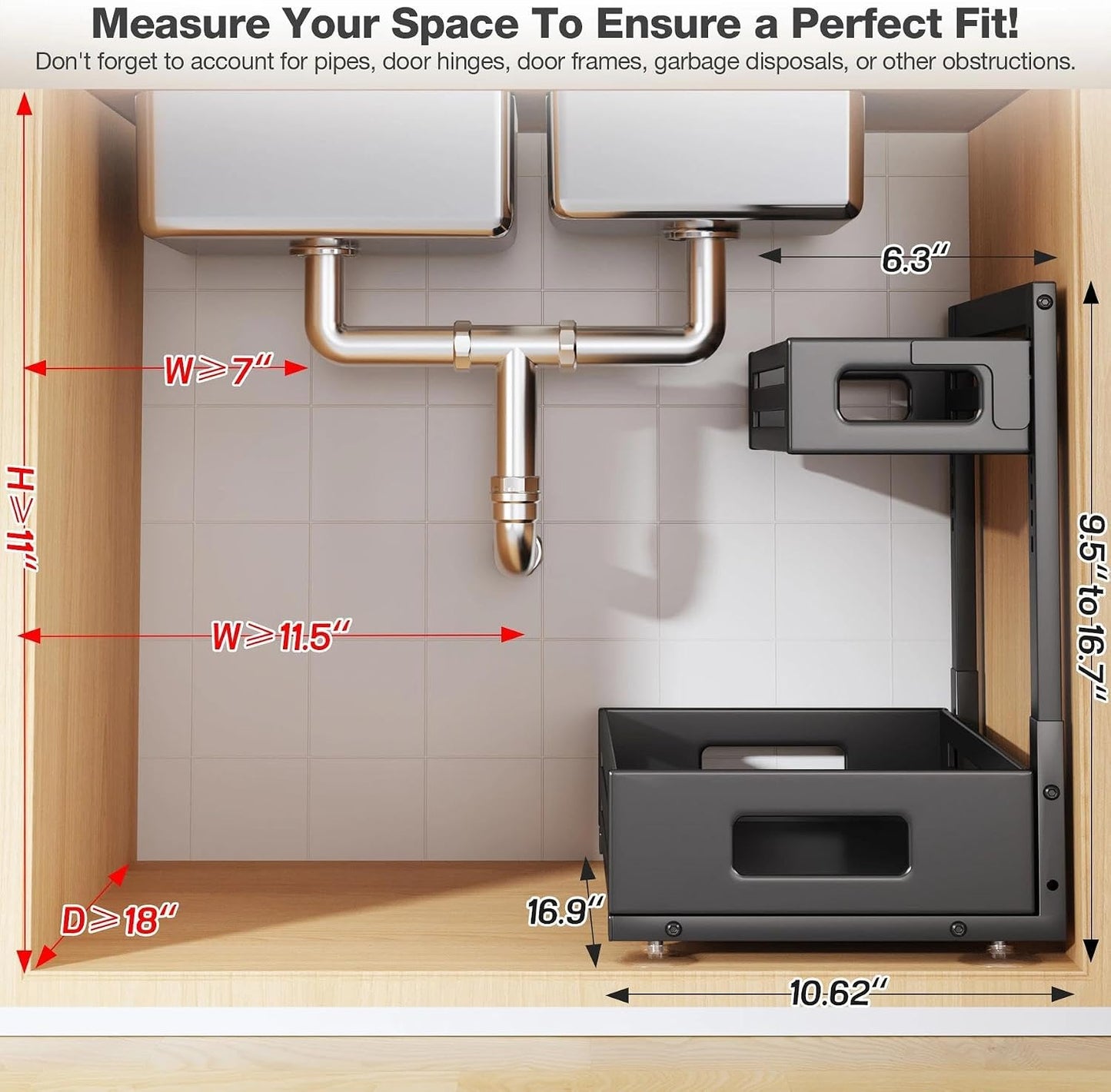 2 Pack Under Sink Organizer,Pull Out Cabinet Organizer with Smooth Cylindrical Rail,Metal Slide Out Drawer for Kitchen Bathroom Laundry Cabinet,8-Level Tool Free Height Adjustable-Black