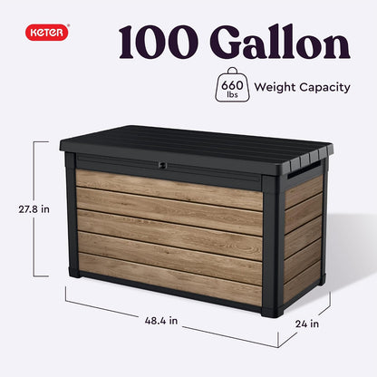 Keter Signature Everwood 30 Gallon Resin Outdoor Storage Box and Patio Furniture Side Table for Pool and Garden Accessories, Walnut