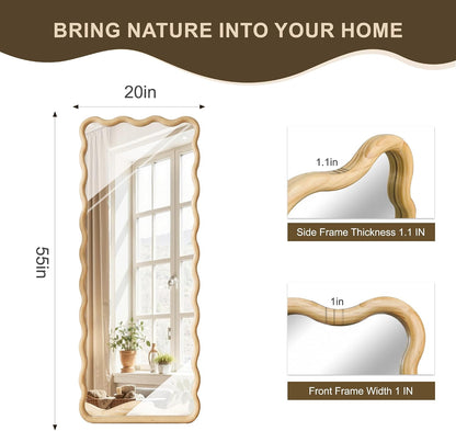 Full Length Mirror, 55"x28" Boho Wavy Wood Floor Mirror, for Bathroom, Bedroom, Living Room, Cloakroom, Entryway