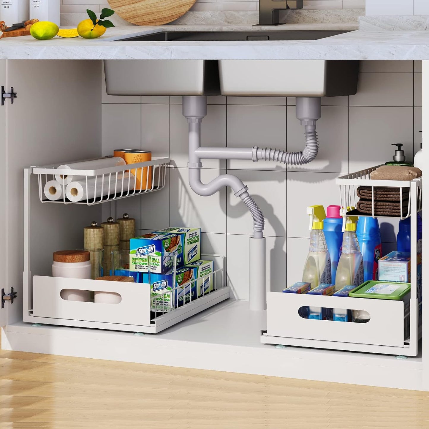 Under Sink Organizer, 2 Tier Pull-Out Cabinet Storage Shelf, Rust-Resistant Metal Organizer for Kitchen Bathroom Laundry Room, No Tools Installation, 1 Pack Black