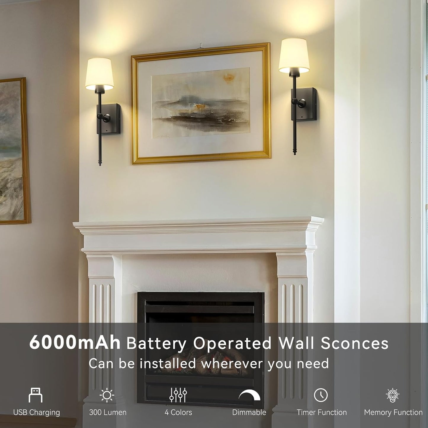 iThird Wall Sconce Battery Operated Set of 2, 6000mAh Rechargeable Wall Lights with Touch Control and Remote Control, Wireless Wall Lamps for Bedroom, Black Sconces Wall Decor for Living Room Hallway