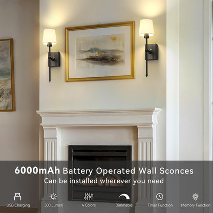 iThird Wall Sconce Battery Operated Set of 2, 6000mAh Rechargeable Wall Lights with Touch Control and Remote Control, Wireless Wall Lamps for Bedroom, Black Sconces Wall Decor for Living Room Hallway