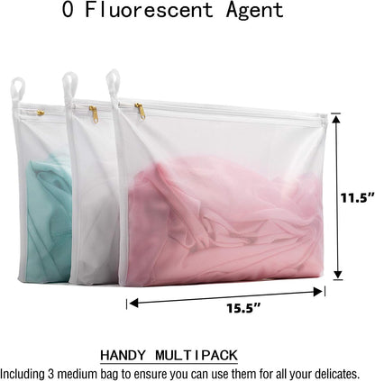 TENRAI Delicates Laundry Bags, Bra Fine Mesh Wash Bag for Underwear, Lingerie, Bra, Pantyhose, Socks, Use YKK Zipper, Have Hanger Loops,((0 Fluorescent Cloth White, 3 Medium, CQS)