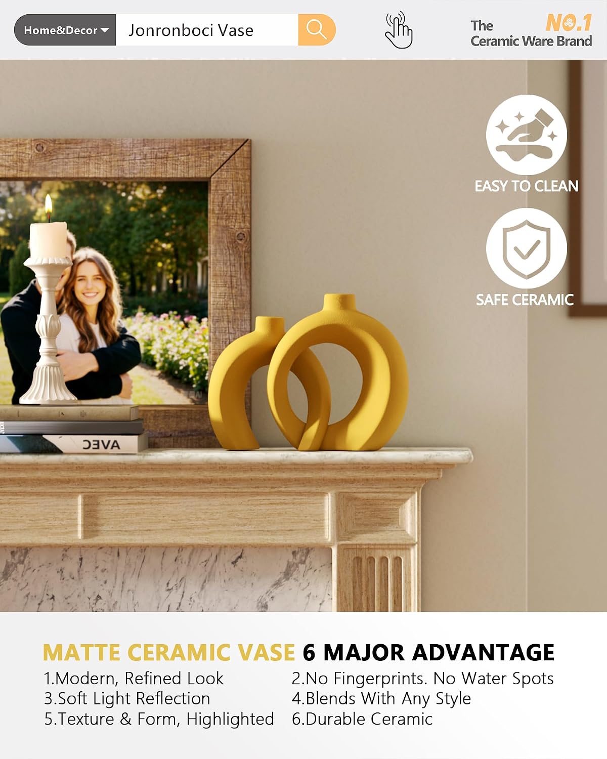 7.2″Hx8.9″H Donut Shape Decorative Vase Set of 2, Ceramic, Modern Minimalism Styles, Flowers or Plant Table Vases for Home Decor Living Room Shelf Entry Console Mantle Dining Centerpiece (Matte White)