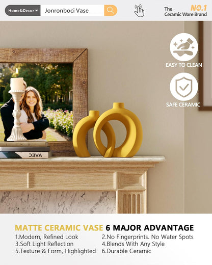 7.2″Hx8.9″H Donut Shape Decorative Vase Set of 2, Ceramic, Modern Minimalism Styles, Flowers or Plant Table Vases for Home Decor Living Room Shelf Entry Console Mantle Dining Centerpiece (Matte White)