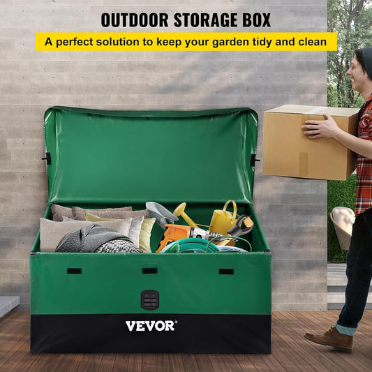 VEVOR Outdoor Storage Box, 100 Gallon Waterproof PE Tarpaulin Deck Box w/Galvanized Frame, All-Weather Protection & Portable, for Camping, Garden, Poolside, and Yard, Black & Green