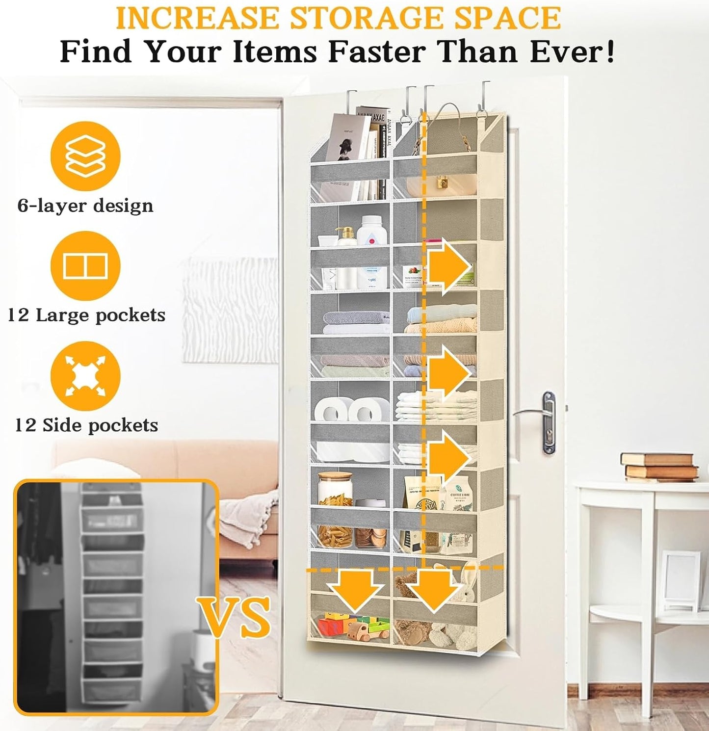 Over The Door Organizer, 5-Tier Extra Large Behind Door Storage with 10 Big Front & 10 Mesh Pockets, 80lb Capacity, Hanging Storage Organizer with Clear Window Kids Toys, Shoes, Diapers, Light Grey