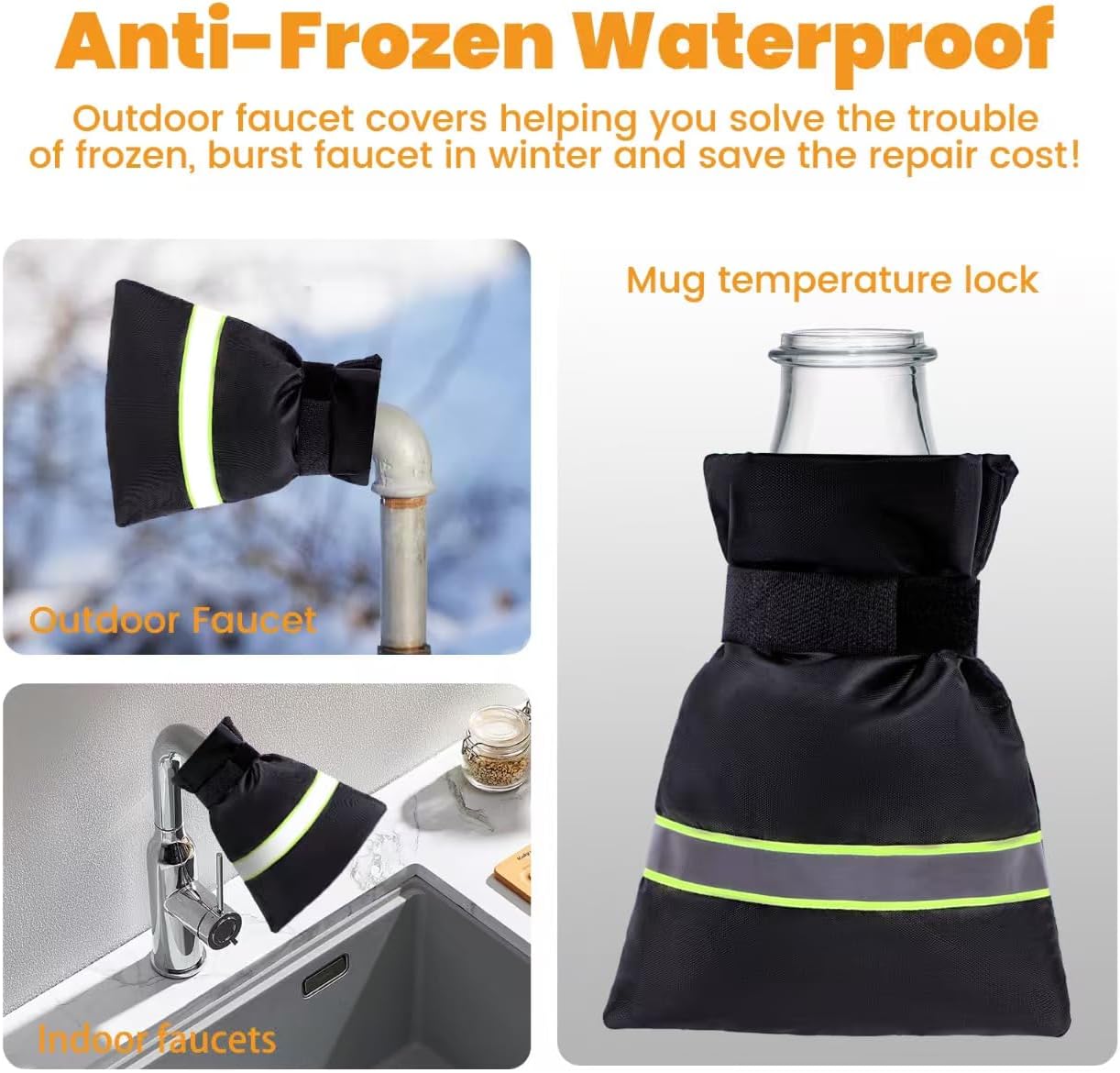 2-Packs Outdoor Faucet Covers for Winter – Thickened Anti-Freeze Protection Socks with Reflective Strip, Waterproof Insulated Spigot Cover, Reusable Frost Guard for Garden & Yard Faucets (2PCS)