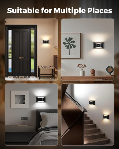 Battery Powered Wall Sconces Set of Two, Rechargeable Magnetic Wall Sconce with Remote Control, 3 Colors Wireless Up and Down Wall Mount Light for Bedroom Hallway Bedside Living Room(Black)