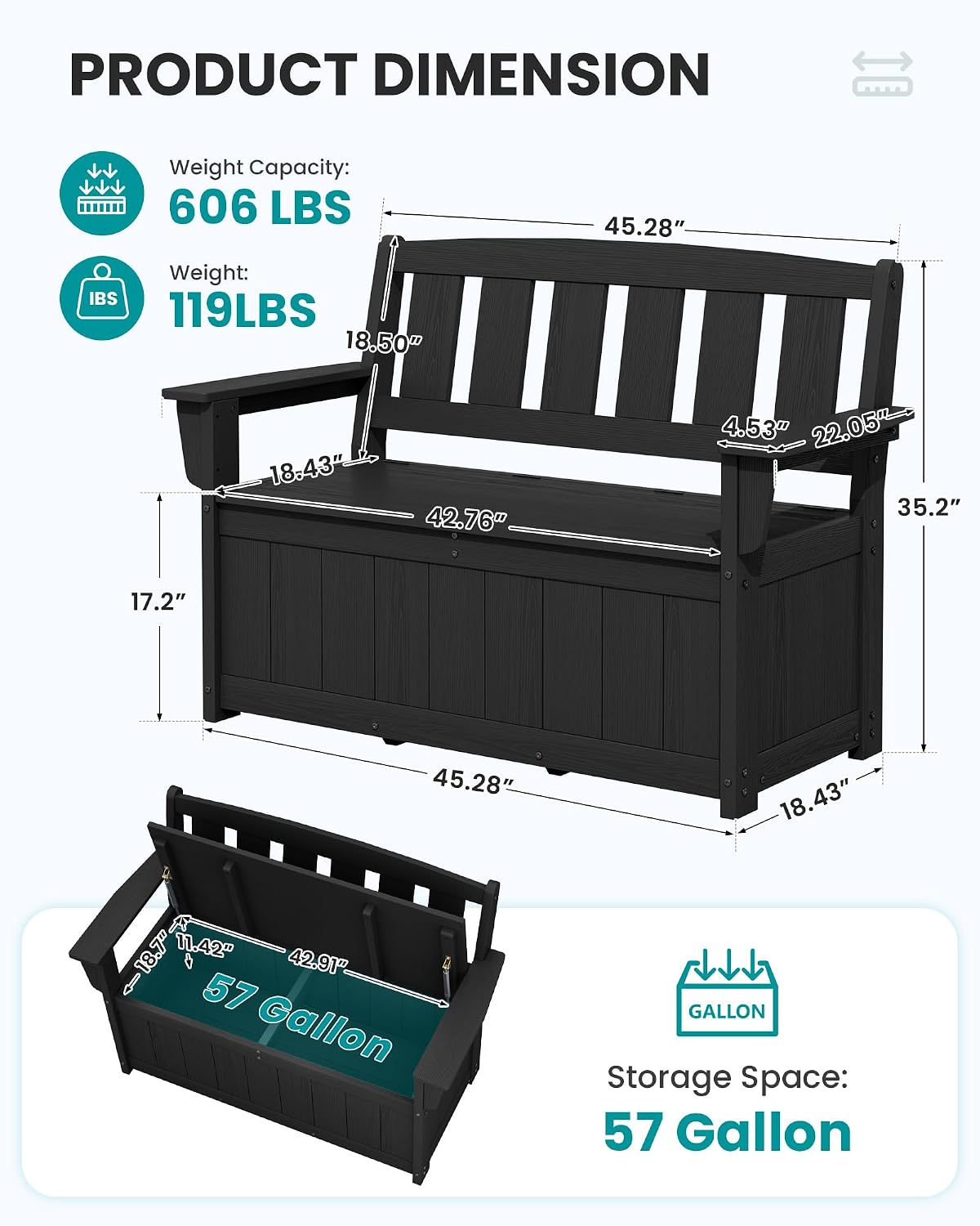 SERWALL HDPE Outdoor Storage Bench, Deck Box with Waterproof Storage Bags | All-Weather Benches | 57 Gallon Dual-Use Seat | Organizer Deck Boxes for Patio, Garden Tools & Pool | Dark Black