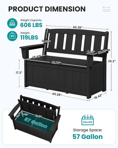 SERWALL HDPE Outdoor Storage Bench, Deck Box with Waterproof Storage Bags | All-Weather Benches | 57 Gallon Dual-Use Seat | Organizer Deck Boxes for Patio, Garden Tools & Pool | Dark Black