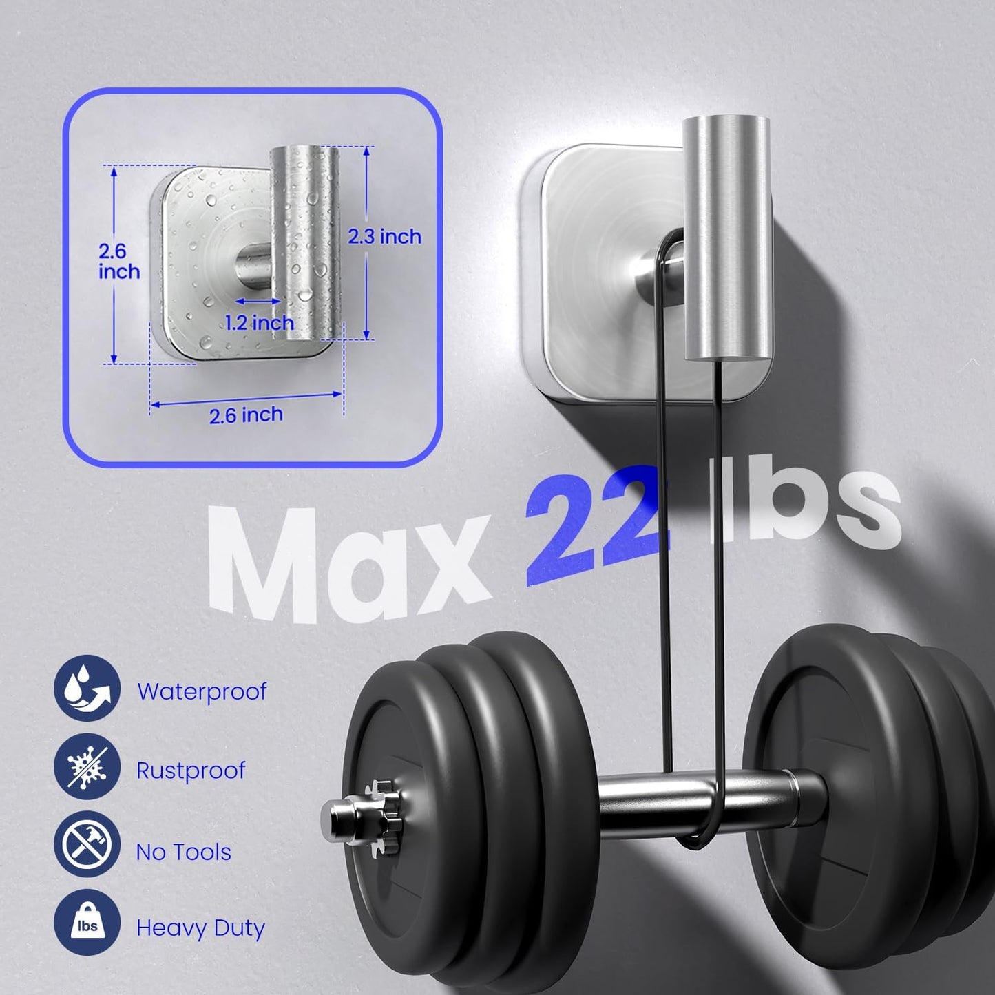 Aikzik Silver Replaceable Adhesive Hooks Heavy Duty, Stainless Steel Towel Hooks for Bathrooms & Shower-Tiles, Glass Door, Wall Hooks for Walls No Damage, Towel Holder Sticky Hooks for Hanging- 2 Pack
