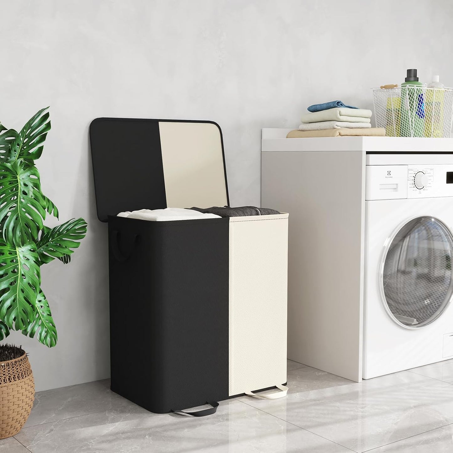 Lifewit Double Laundry Hamper with Lid and Removable Laundry Bags, Large Collapsible 2 Dividers Dirty Clothes Basket with Handles for Bedroom Laundry Room Closet Bathroom College, 136L Beige