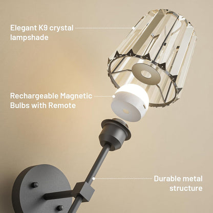 Crystal Battery Operated Wall Sconces Set of 2, Gold Rechargeable Wireless Wall Sconce Lights with Crystal Lampshade, 12 RGB and 3CCT Dimmable Wall Lamps with Remote for Bedroom Living Room Hallway