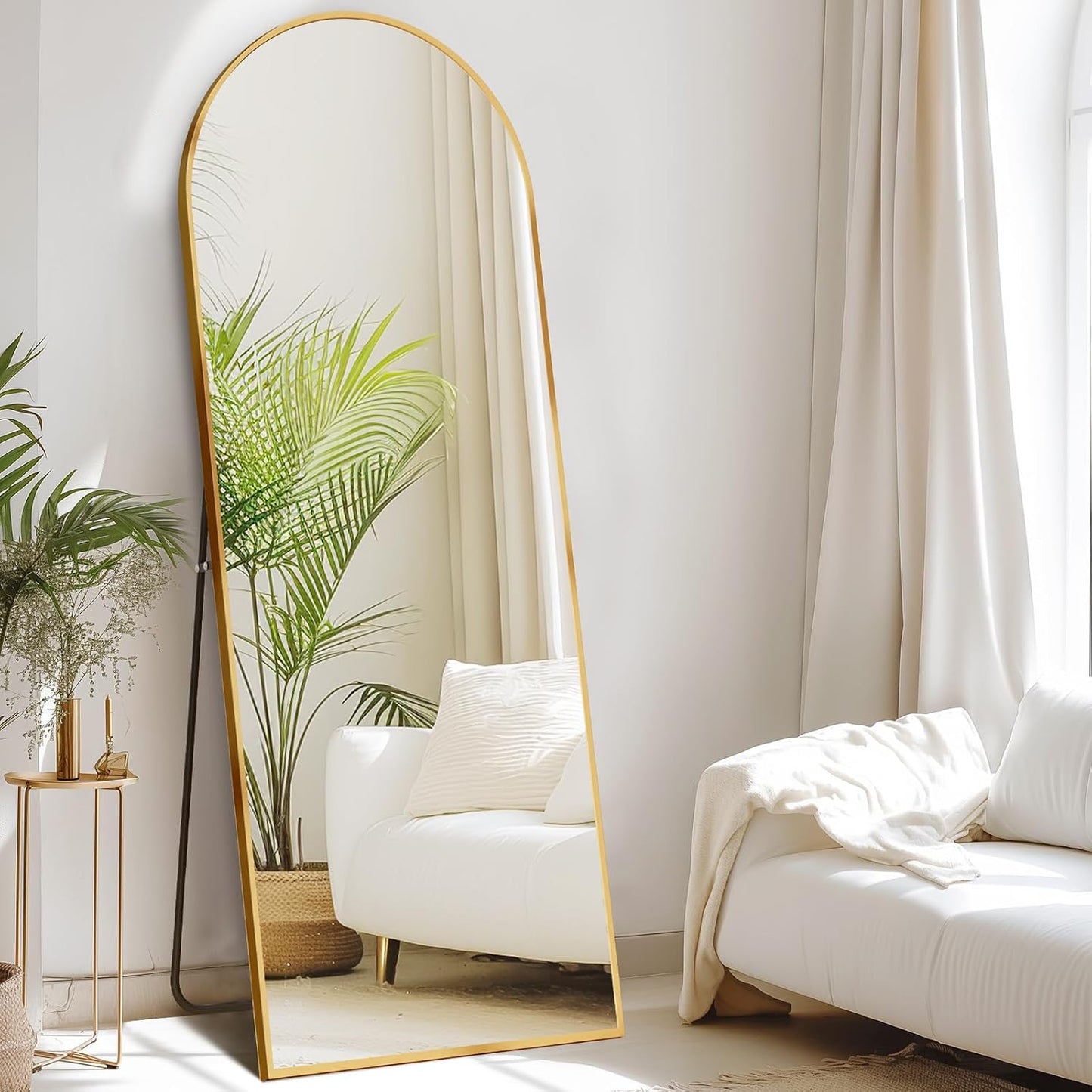 DUMOS 64"x21" Arched Full Length Floor Mirror, Full Body Mirror with Stand, Shatterproof Tempered Glass, Modern Aluminum Alloy Frame, Free Standing or Leaning for Home Decor, Gold