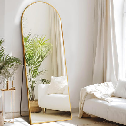 DUMOS 64"x21" Arched Full Length Floor Mirror, Full Body Mirror with Stand, Shatterproof Tempered Glass, Modern Aluminum Alloy Frame, Free Standing or Leaning for Home Decor, Gold