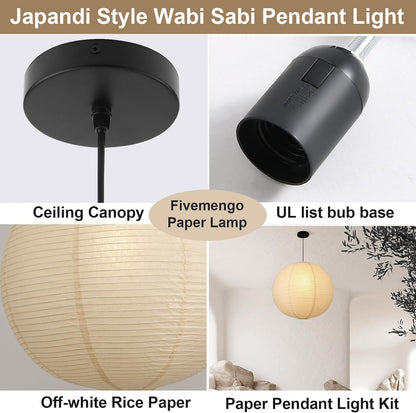 Large Rice Paper Pendant Light Kit, 20in White Globe Paper Lantern Lights, E26 Base, Japanese Hanging Lantern Lamp Japandi Chandelier for Dining Room Bedroom Office Living Room