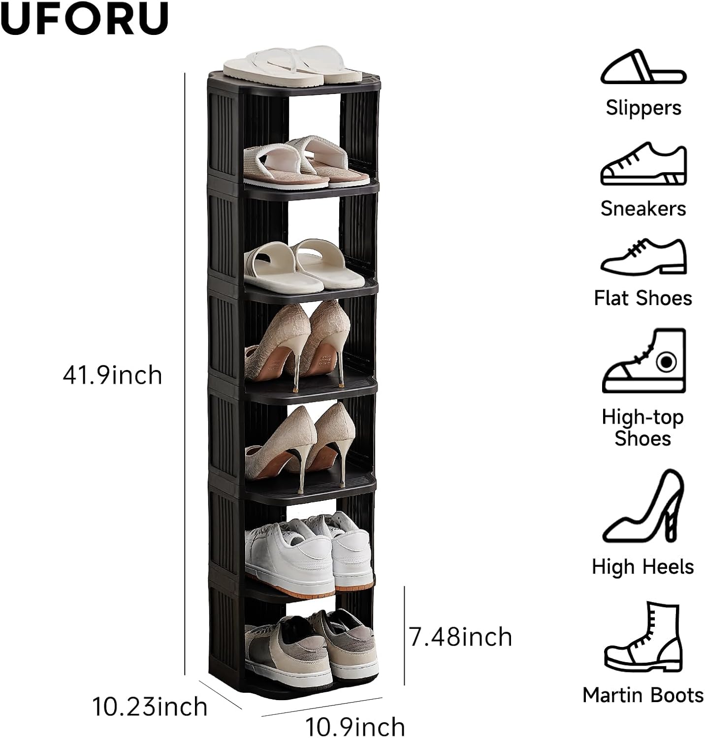 UFORU Small Shoe Rack, 5 Tier Plastic Vertical Shoe Rack for Small and Narrow Spaces, Free Standing Shoe Organizer for Closet, Entryway