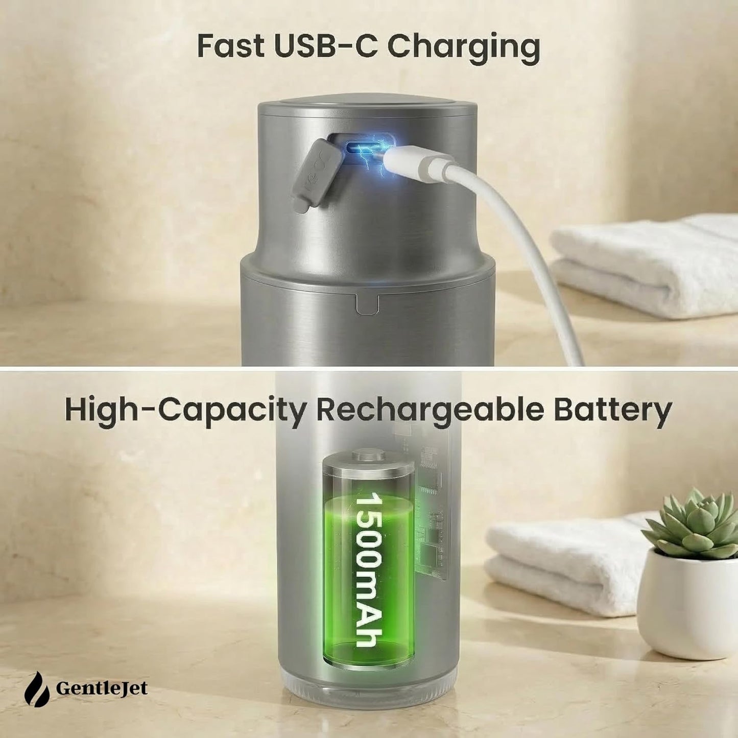 GentleJet CrystalJet Automatic Foam Soap Dispenser – Stainless Steel, Touchless Sensor, USB-C Rechargeable, Waterproof, Modern Bathroom & Kitchen Sink, 300 ml