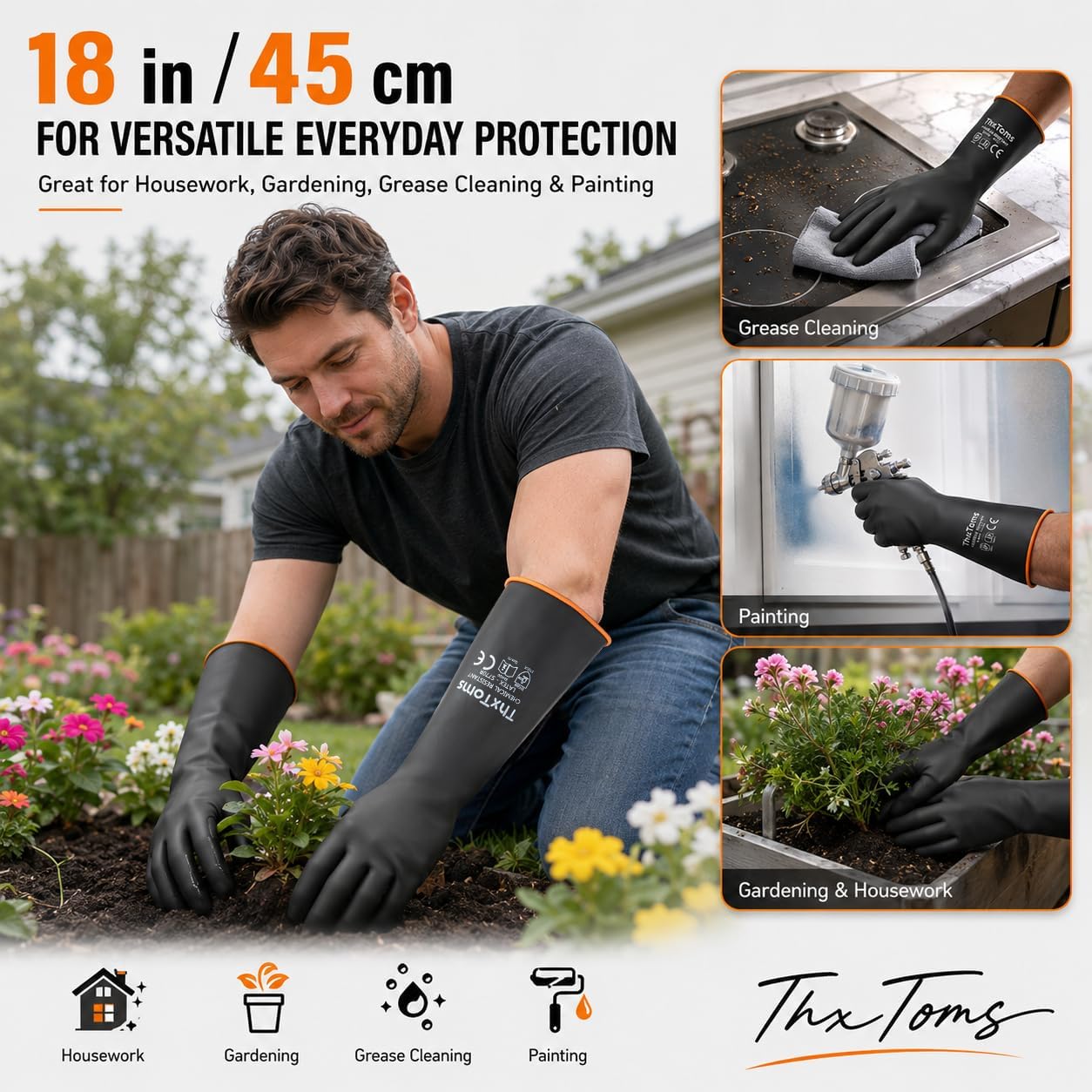 ThxToms Heavy Duty Latex Gloves,Long Rubber Gloves, Chemical Resistant Gloves,Puncture Resistant, Resist Acid,Oil,Alkali, Waterproof for Industrial Cleaning, Gardening, 22", 1 Pair