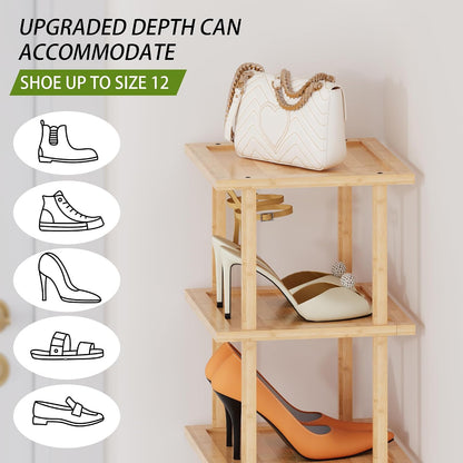 Vertical Tall Shoe Rack Organizer for Entryway -7 Tier Free Standing Slim Narrow Bamboo Wood Corner Stackable Shoe Boots Storage Stand Small Spaces for Closet Garage Cloakroom Living Room (Black)