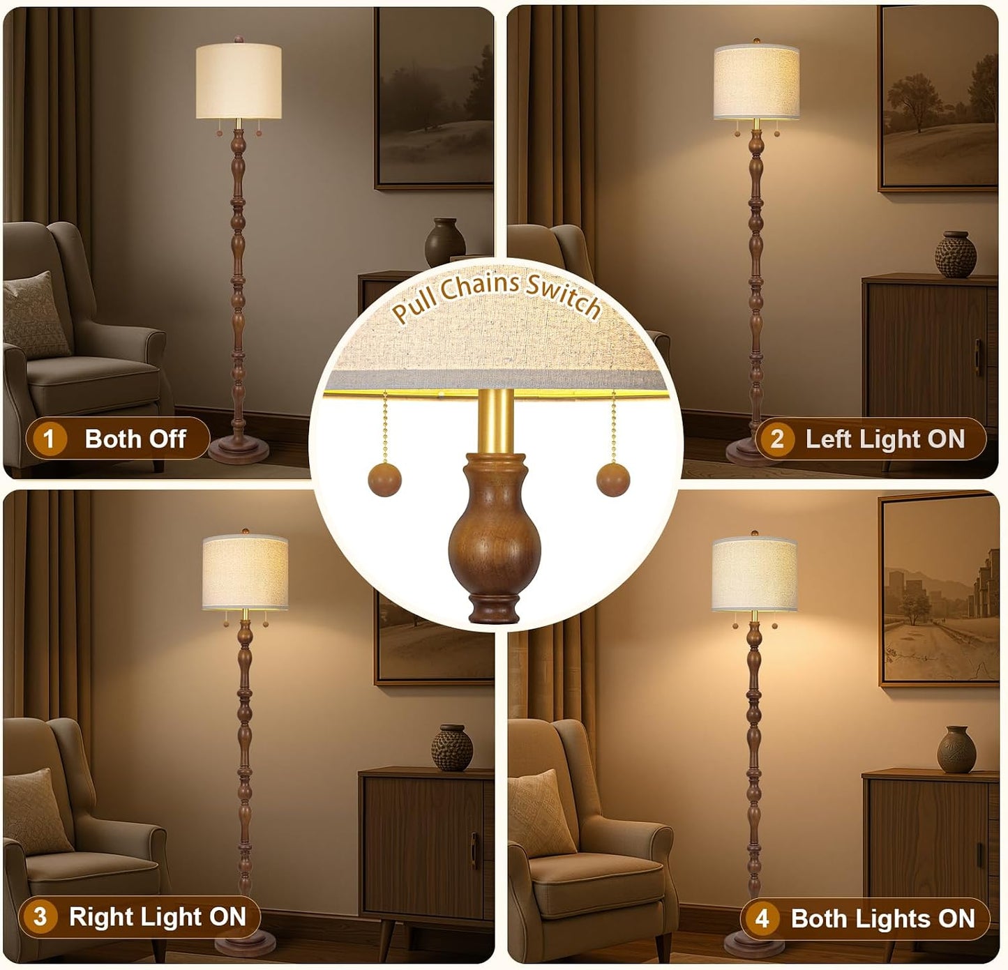 Scenekoy 65.5” Natural Real Wood Floor Lamp for Living Room Bedroom, Dual S Cluster Socket, Pull Chains Switch, Farmhouse Tall Standing Lamp with Linen Shade for Home Room Decor (Bulbs Included)