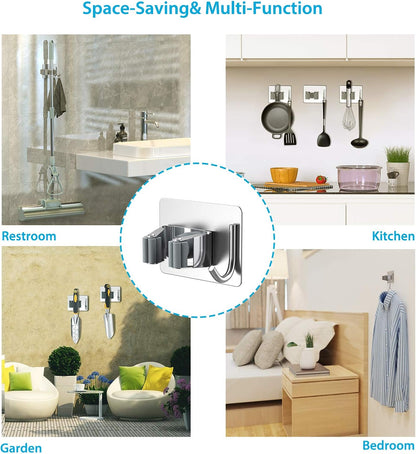 homeasy Mop Broom Holder No Drill, Mop Broom Organizer Wall Mounted Heavy Duty with Hooks Hanger, Self Adhesive Stainless Steel 4Pcs for Bathroom, Kitchen, Office (Silver)