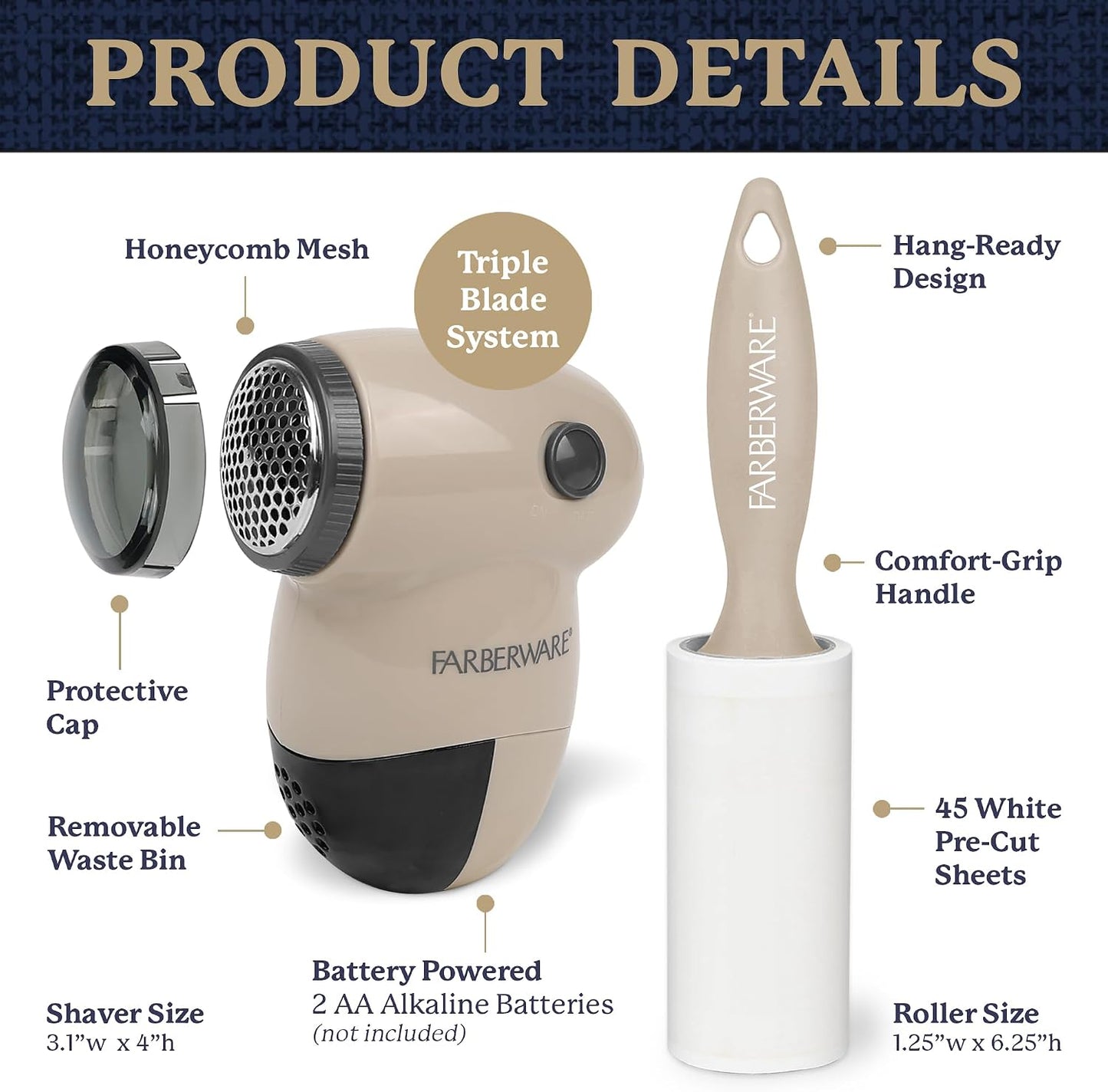 Farberware Fabric Shaver & Lint Remover Set–Battery Operated Sweater Shaver with Triple Blades and Extra Sticky Roller for Pet Hair, Fuzz & Pilling on Clothes, Upholstery & Bedding (Gray/Blue, Small)