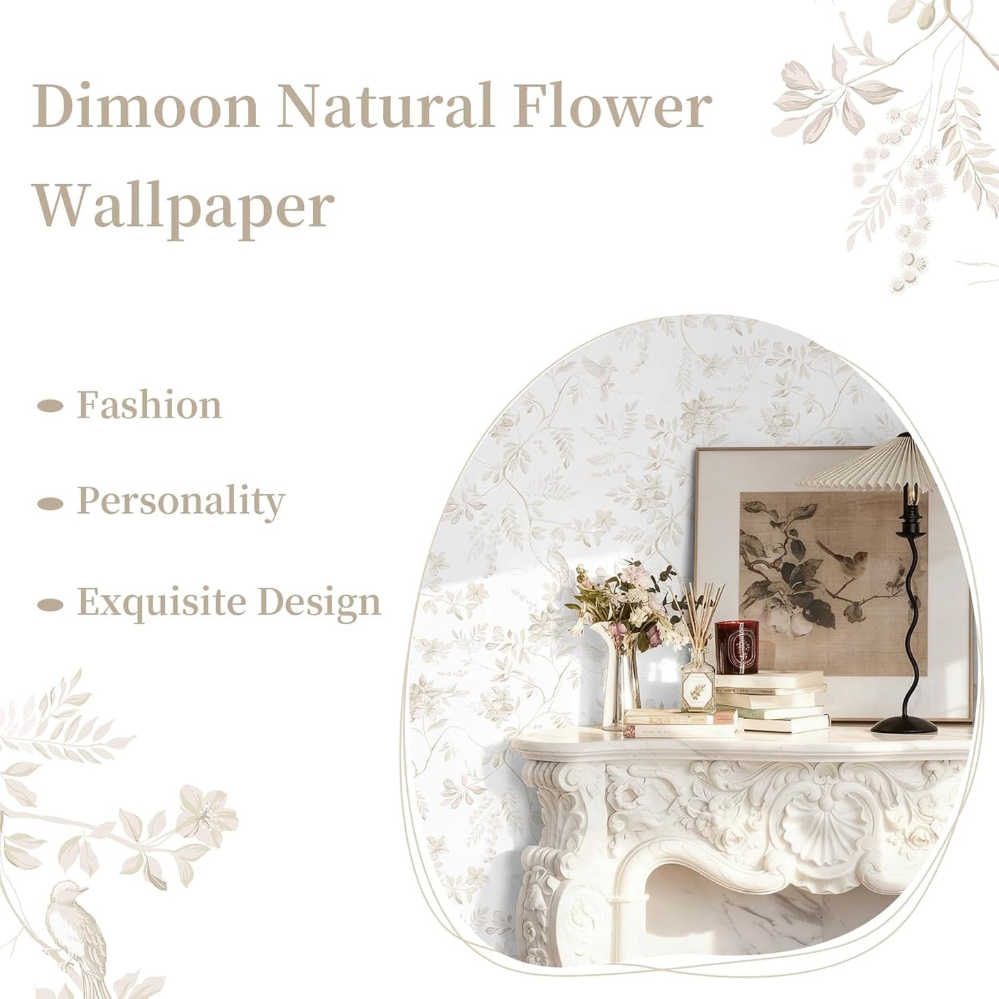 Dimoon 17.3''x78.7'' Vintage Peel and Stick Wallpaper Boho Beige Neutral Contact Paper White Floral Bird Wallpaper Removable Botanical Renter Friendly Modern Wall Paper Bedroom Bathroom Vinyl Roll
