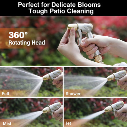 Garden Hose Nozzle Sprayer with Full Brass Nozzle, 100% Heavy Duty Metal Water Sprayer Nozzle Fits 3/4” Garden Hose Thread with 4 Patterns, 360° Rotating Adjustable Nozzle for Plants, Lawns, Cars